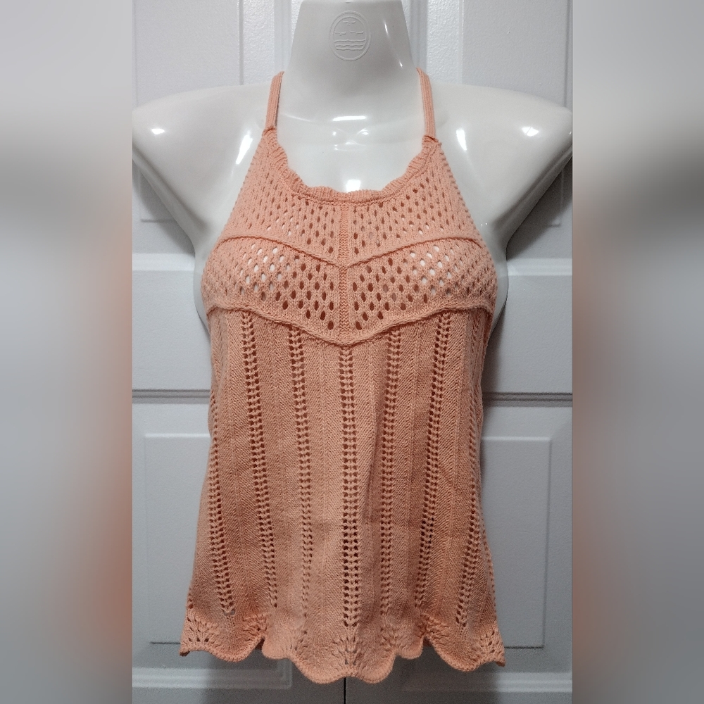 Almost Famous Peach Cropped Crochet Halter Top 🆕 Size Medium